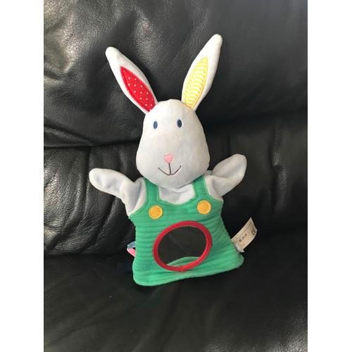 Doudou Peluche Lapin Marionnette Vert Miroir Jaune Et Rouge Oxybul 20-27cm