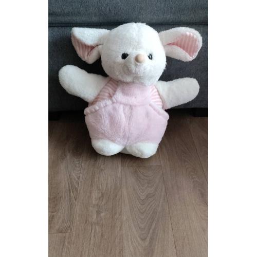 Peluche Cochon Blanc Et Rose Avec Salopette Et Poches 