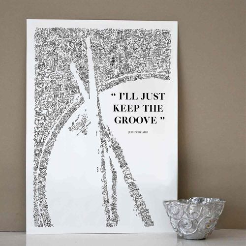 Citation de Jeff Porcaro A3 - Illustration du batteur de Toto phrase -i'll just keep the groove- | poster affiche batteur | cadeau illustration batterie groove master rosanna shuffle