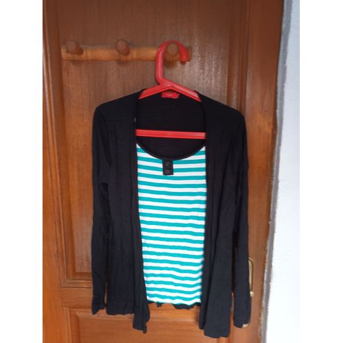 Ensemble Tee Shirt Rayé Vert Et Blanc Et Gilet Noir Tissaia Taille 42