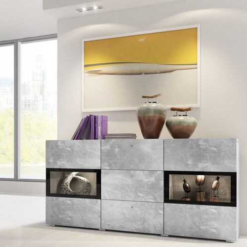 Buffet 2 Portes Et 3 Tiroirs Collection Ramos. Éclairage Led Intégré. Coloris Gris Effet Béton Et Noir.
