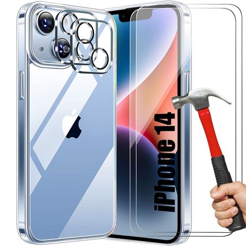 Coque Silicone Pour Iphone 14 + 2 Verres Trempes Et 2 Protections Camera Arrière