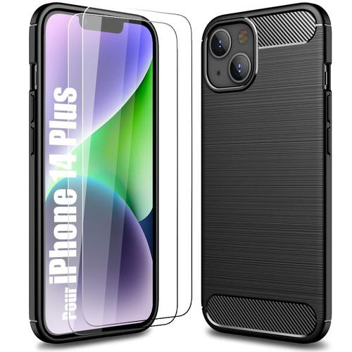 Coque Pour Iphone 14 Plus (6,7'') Protection Silicone Noir Ultra Leger Antiderapant + 2 Verres Trempes