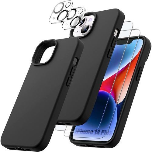 Coque Pour Iphone 14 Plus Silicone Noir + 2 Verres Trempes Et 2 Vitres Camera Arrière
