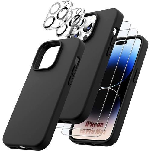 Coque Pour Iphone 14 Pro Max Tpu Noir + 2 Verres Trempes Et 2 Protections Camera Arrière
