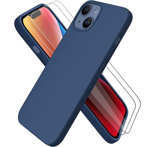 Coque + 2 Verres Trempes Pour Iphone 14 (6,1 Pouces) Silicone Bleu Marine Leger Antichoc