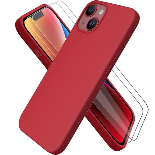 Coque Pour Iphone 14 (6,1'') + 2 Verres Trempes, Protection Ultra Slim Silicone Liquide Rouge