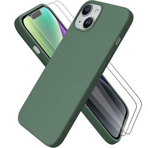 Coque Pour Iphone 14 (6,1'') + 2 Vitres Verre Trempe, Silicone Couleur Unie Vert Nuit Finition Matte