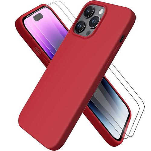 Coque Pour Iphone 14 Pro Max (6,7'') Silicone Rouge Souple Antichoc + 2 Vitres D'ecran Verre Trempe