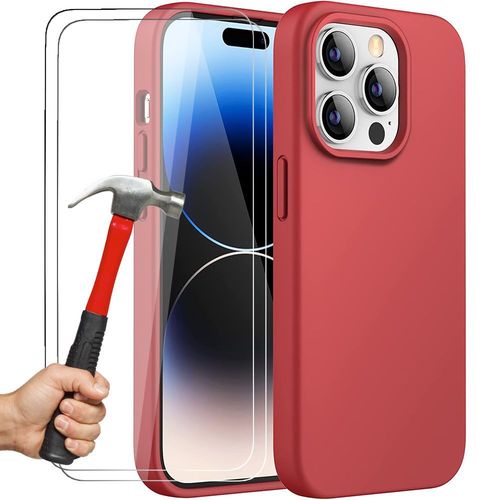 Coque Et 2 Verres Trempes Pour Iphone 14 Pro (6,1'') Rouge Mat Silicone Liquide Resistant Antichoc