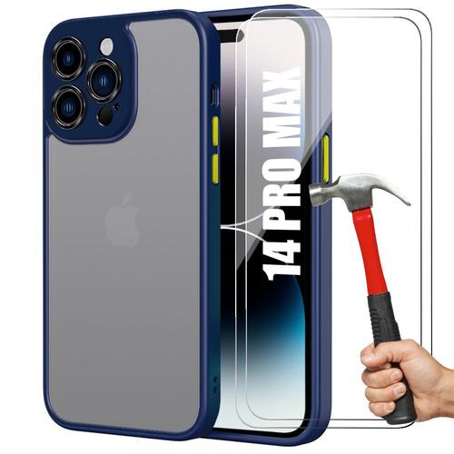 Coque Et 2 Verres Trempes Pour Iphone 14 Pro Max (6,7'') Protection Silicone Bleu Marine + Pc Rigide