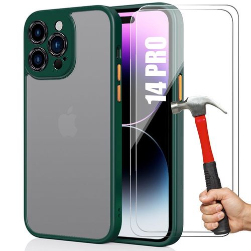 Coque Et 2 Verres Trempes Pour Iphone 14 Pro (6,1'') Silicone Vert Nuit Mat + Dos Pc Translucide