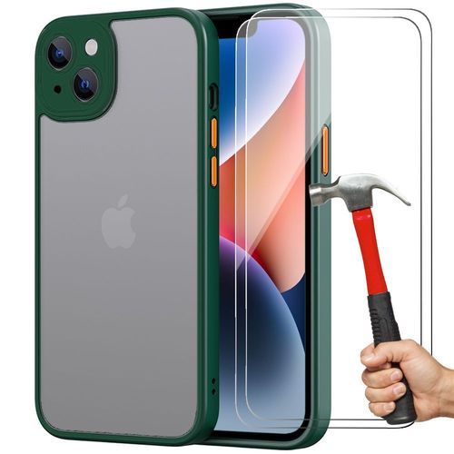 Coque Et 2 Verres Trempes Pour Iphone 14 (6,1'') Protection Silicone Vert Nuit + Dos Pc Translucide