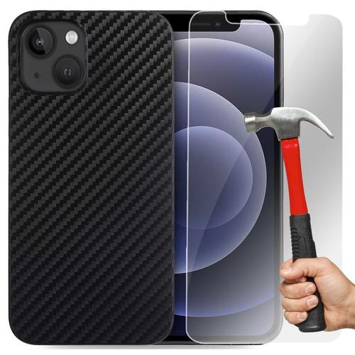 Coque Pour Iphone 13 Pro (6.1'') Carbone Noir + 2 Verres Trempes Vitre Protection D'ecran