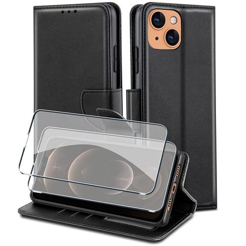 Coque Pour Iphone 13 Pro Effet Cuir Noir Et 2 Verres Trempes Vitre Protection D'ecran E.F.Connection