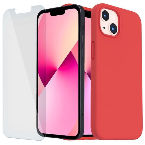 Coque Silicone Pour Iphone 13 (6,1'') Rouge Et 2 Verres Trempes Vitre Protection D'ecran