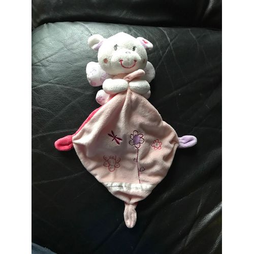 Peluche Doudou Ours Blanc Ailes Fleurs Brodées Ange Mouchoir Rose Pommette 
