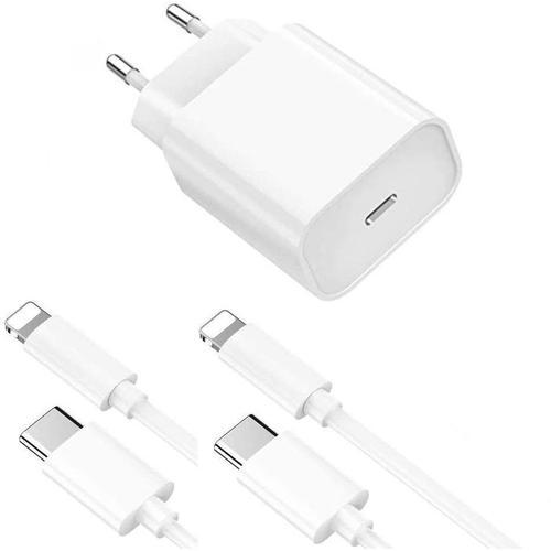 Chargeur Rapide 20w + 2 Cables Usb-C Lightning Pour Iphone 13 / 12 / 11 / Pro / Mini / Max