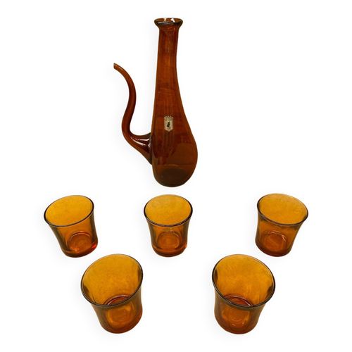 Ancien Service Gat Carafe  5 Verres Verre Moul Orange 1970 Vintage Orange