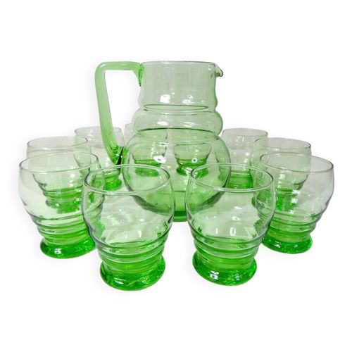 Ancien Service 10 Verres  Eau Et Carafe En Verre Souffl Vert