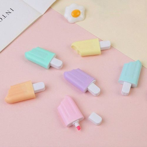 Surligneurs Chat Dessin Animé Mignon 6 Pièces/Lot, Papeterie Scolaire Et De Bureau Pour Étudiants, Fournitures De Dessin, Mini Stylo Marqueur De Peinture Crème Glacée Kawaii