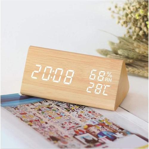 LED Réveil Électronique en Bois, Horloge Numérique avec 3 Réglages d'Alarme, Numérique Réveil Alimenté par USB Affichage de l'Heure, de la Température et de l'Humidité,12/24 Heure