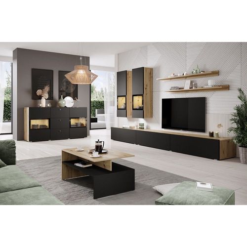 Ensemble De 7 Meubles De Salon Collection Ramos. Chêne Et Noir Super Mat.
