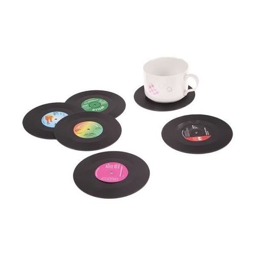 Dessous De Verre Vintage En Plastique En Forme De Vinyle Lot De 6 * Matière : Plastique * Diamètre : 10,5 Cm * Quantité : 6