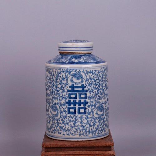 pot x1 - pot à thé avec quatre personnages de bonheur bleu et blanc, ornements antiques en porcelaine, Collection caddie à thé