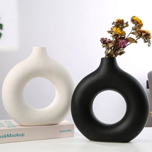 Beige-m - Vase à Donuts circulaire creux en céramique, Pot de fleurs nordique, Vase de comptoir moderne, salon, bureau, décoration intérieure de la maison