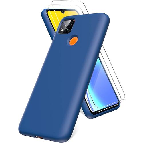 Coque Pour Redmi 10a Redmi 9c, Protecteur D'écran En Verre Trempé, Housse En Gel De Silicone Liquide Ultra Doux Avec Tapis En Microfibre Anti Rayures Bleu