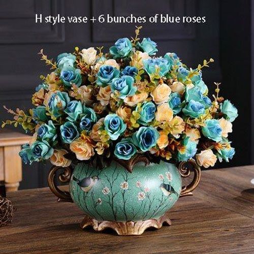 Roses H-Blue - Vase à fleurs en or au palais européen, pièce maîtresse, ornements, ameublement de la maison, décoration artisanale, salon, salle à manger, Vase rétro