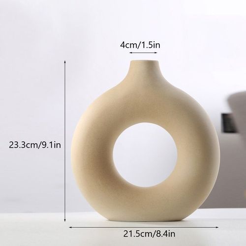 Ttq-beige-l - Vase Circulaire Nordique En Céramique, Pot De Fleurs À Donuts Creux, Accessoires De Décoration Pour La Maison, Salon, Intérieur, Bureau, Cadeau