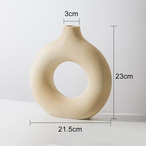 L Vase beige - Vase creux circulaire en céramique, style nordique, Donuts, Pot de fleur, décoration pour la maison, Salon, bureau, Salon, cadeau'ornements artistiques