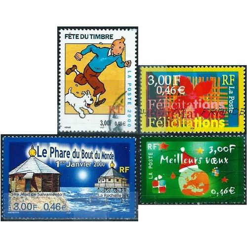 France 2000, Beaux Timbres Yvert 3294 Le Phare Du Bout Du Monde, 3303 Fete Du Timbre, Tintin, 3308 Felicitations Et 3364 Meilleurs Voeux, Obliteres, Tbe.