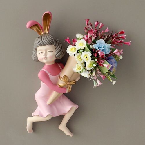 Rose de fleur - Vase mural avec Statue de lapin fille, décoration de maison, avec Vase à fleurs, jardinière murale