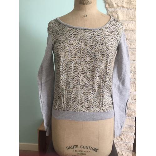 Tee-Shirt Femme Manches Longues Sud Express Col En Rond – Gris Avec Motifs Taille S Bon État Général