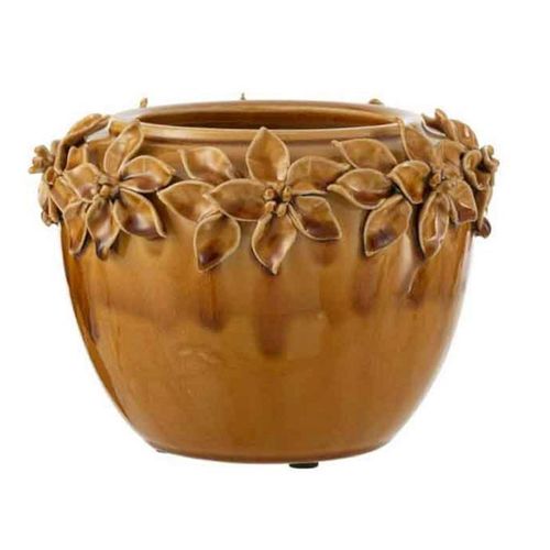 Paris Prix - Cache-Pot En Céramique "Fleur Design" 21cm Ocre