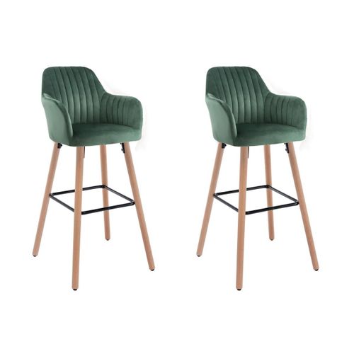 Lot De 2 Tabourets De Bar En Velours Et Pieds Bois De Hêtre - Vert Foncé - Eleana