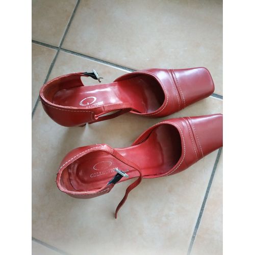 Chaussures Dame Rouge Cuir Bout Carré T37 . Talon 6 Cm.