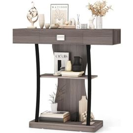 Costway Table Console, Meuble D'entrée - 3 Étagères, 1 Tiroir - L91 X P30 X H88 - Style Scandinave Gris
