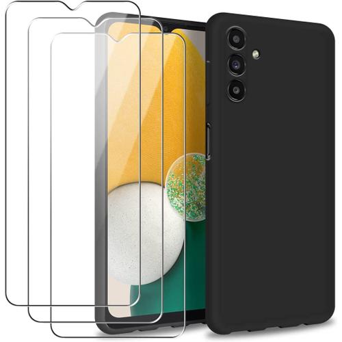 Coque Pour Samsung Galaxy A13 5g Avec Trois Protecteurs D'écran En Verre Trempé, Étui De Protection En Silicone Liquide Noir Souple Pour Samsung Galaxy A13 5g