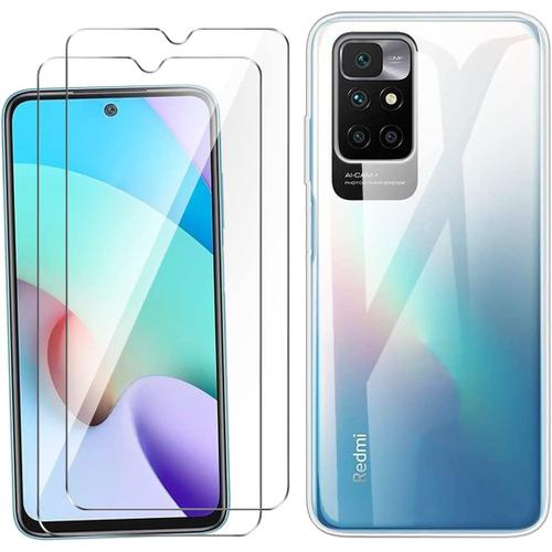 Coque Pour Xiaomi Redmi 10 Coque + 2 Pièces Verre Trempé, Coque En Silicone Transparente, Forte Protection De La Coque En Tpu Souple En Verre Trempé 6,5 Transparent