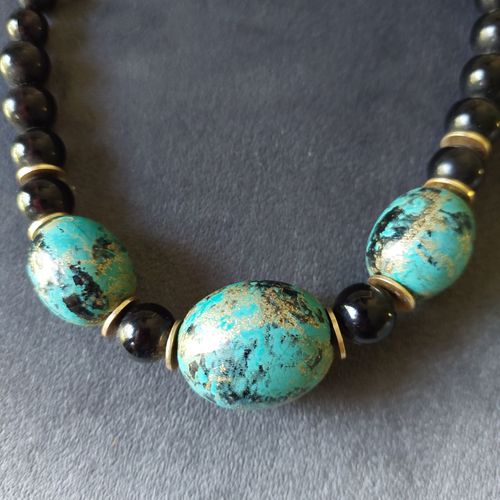 Collier Vintage Grosses Perles Noires Et Bleues En Bois Peint