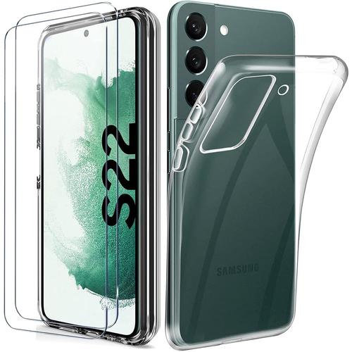 Hymy Coque Pour Samsung Galaxy S22 5g 6.1 + 2 X Verre Trempé Coque Transparente Et Cristaux Protecteur D'écran Tpu Silicone Soft Gel Case Cover Case Cover Transparent