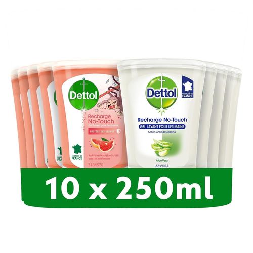 Dettol Recharge No-Touch Savon Liquide Mains - Action Nettoyante Aloe Vera Et Pamplemousse - 10 Recharges 250ml 