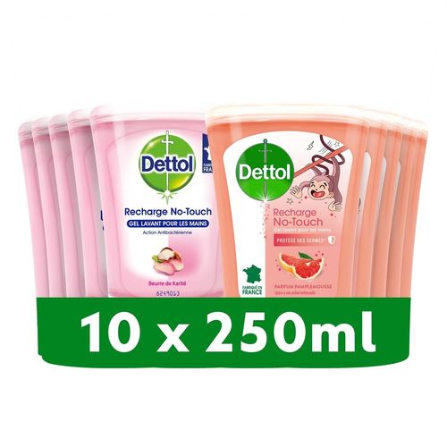 Dettol Recharge No-Touch Savon Liquide Mains - Action Nettoyante Karité Et Pamplemousse - 10 Recharges 250ml 