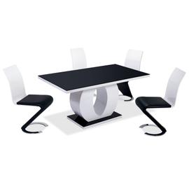 Table 180 cm + 4 chaises LINA. Table pour salle à manger brillante blanche  et noire avec 4 chaises simili cuir. Meubles design