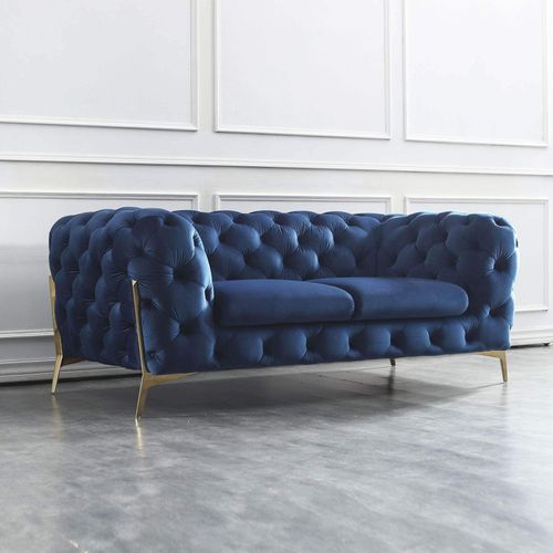 Canapé 2 Places Capitonné Chesterfield Velours Bleu Carmen