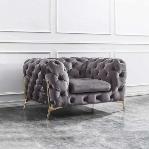 Fauteuil Capitonné Chesterfield Velours Gris Carmen